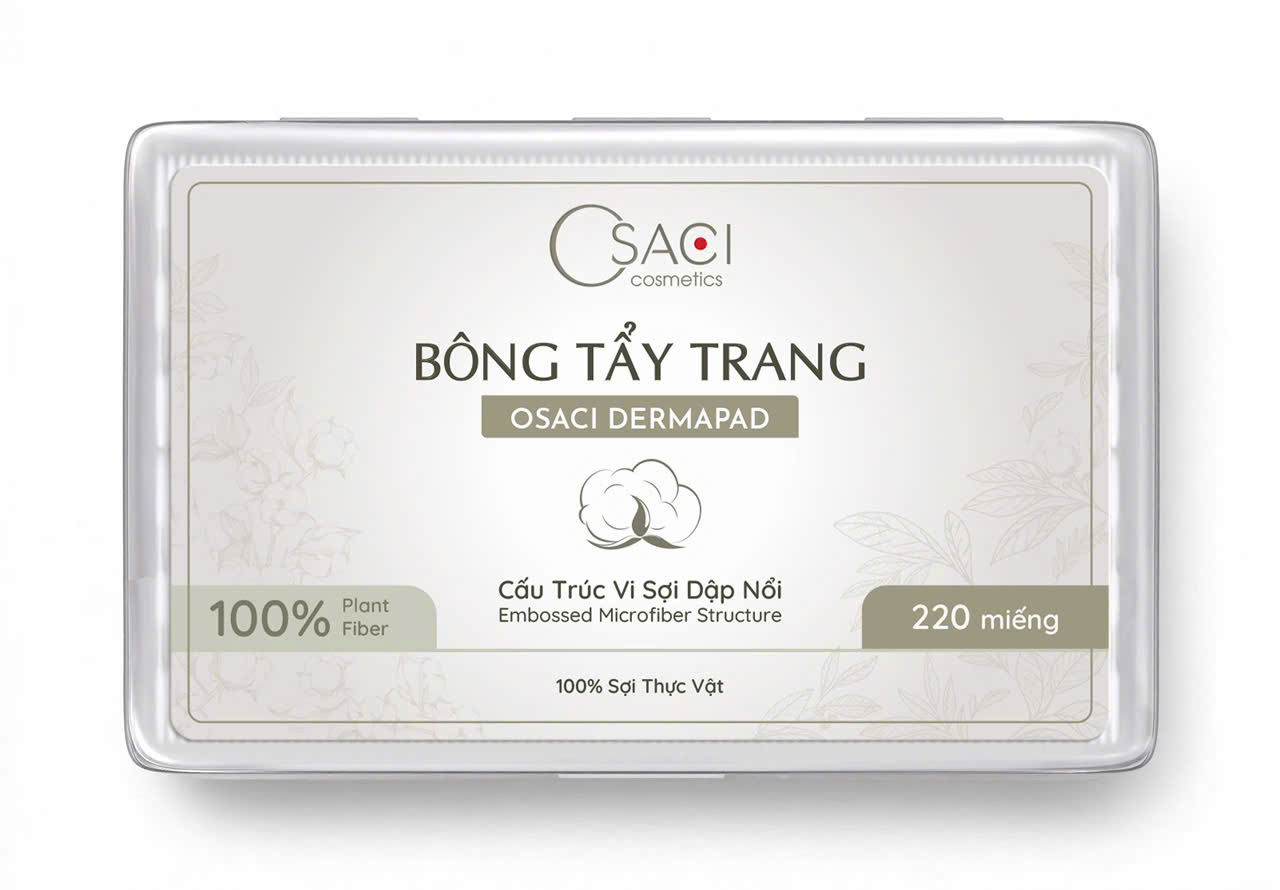 Hộp 220 Miếng Bông Tẩy Trang 2 Lớp Tách Đôi - Cấu Trúc Vi Sợi Dập Nổi Không Xơ Bông Osaci Dermapad - Hình hộp sản phẩm